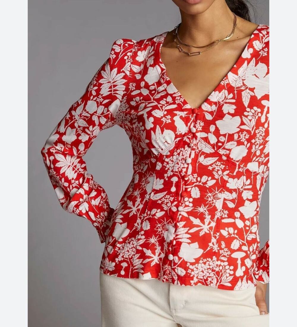 Anthropologie Maeve Seamed V-Neck Woodland Blouse Medium
